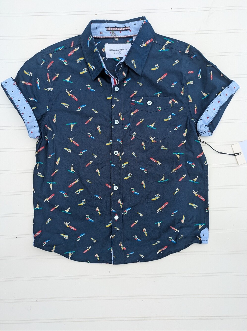 Paperdenim&Cloth Boyss Surf Button Down Cotton Shirt Contrast Rolled Sleeves